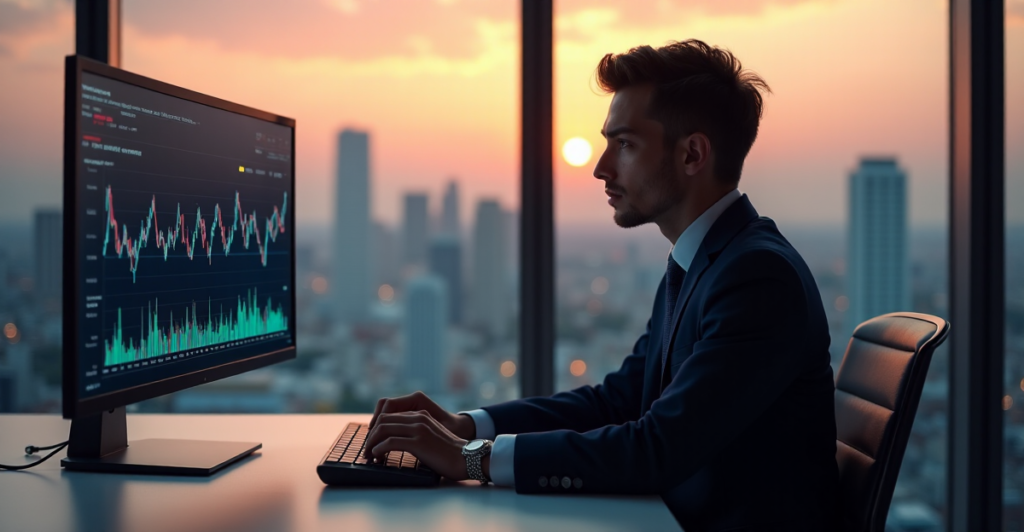 A young professional intensely focuses on a computer screen displaying cryptocurrency market dynamics amidst a futuristic office environment with a cityscape view at dusk.
