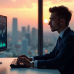 Navigating Global Crypto Regulations: A Guide to Market Dynamics and Emerging Trends A young professional intensely focuses on a computer screen displaying cryptocurrency market dynamics amidst a futuristic office environment with a cityscape view at dusk.