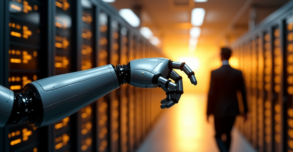 "A sleek robotic arm emerges from a high-tech server room, symbolizing business transformation with cryptocurrency automation."