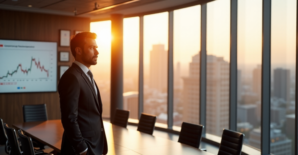 A confident business executive stands at a conference room window overlooking a cityscape during sunrise, surrounded by market trend graphs and professional awards, exuding determination amidst regulatory landscapes influencing crypto adoption trends 2025.