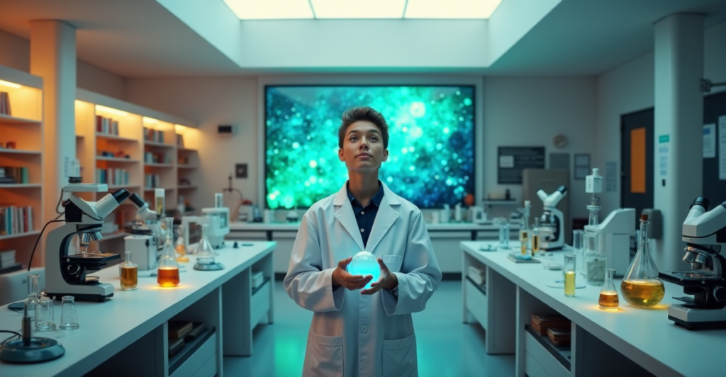 A young scientist stands proudly in a minimalist laboratory, surrounded by scientific equipment, with a glowing vial of blue liquid in hand, amidst intricate molecular structures on an LED screen.