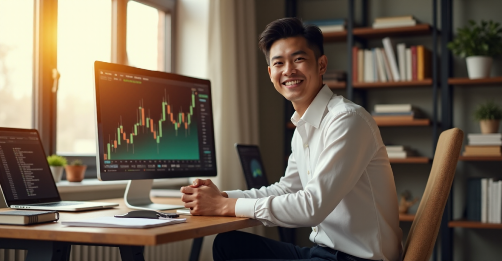 "A young adult sits confidently at a desk, surrounded by financial resources, with a cryptocurrency chart on a large monitor, conveying determination and focus."