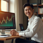 "A young adult sits confidently at a desk, surrounded by financial resources, with a cryptocurrency chart on a large monitor, conveying determination and focus."