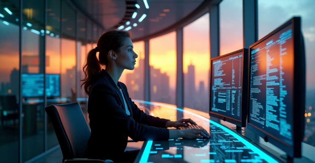 "A young woman confidently navigates a futuristic cryptocurrency exchange center amidst a vibrant cityscape at dusk, reflecting crypto adoption trends 2025."