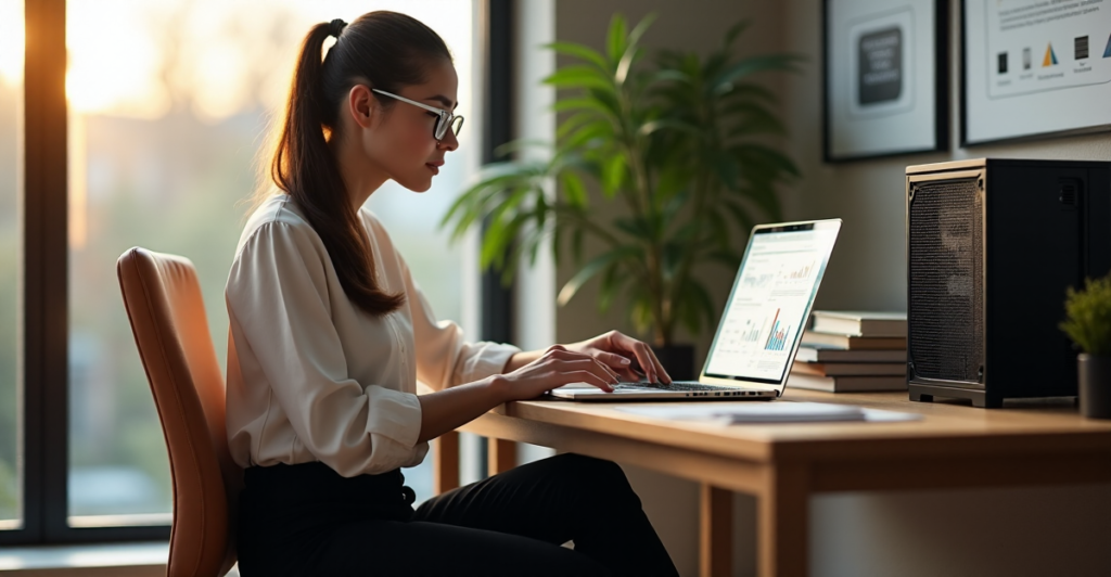 A young woman sits confidently in a modern study surrounded by blockchain devices, books, and diagrams, exuding determination and focus on crypto adoption trends 2025.