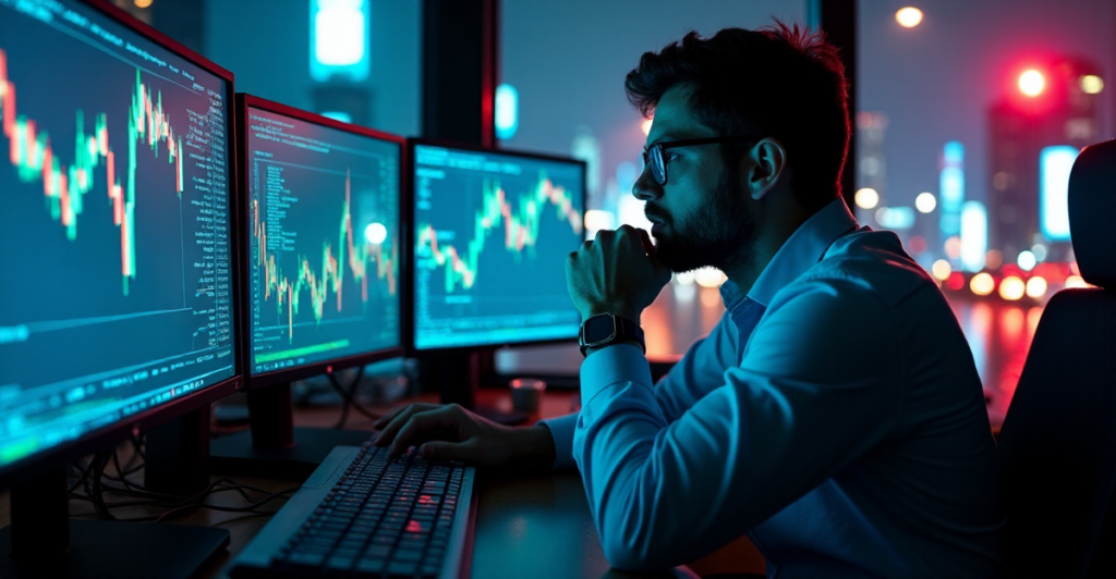"A trader intensely focuses on crypto market charts amidst a cluttered trading desk, blurred cityscape, and stormy night atmosphere."