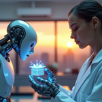 "A futuristic laboratory scene featuring a scientist with a robotic arm holding a 3D-printed prototype amidst humming servers and cityscape at dusk."