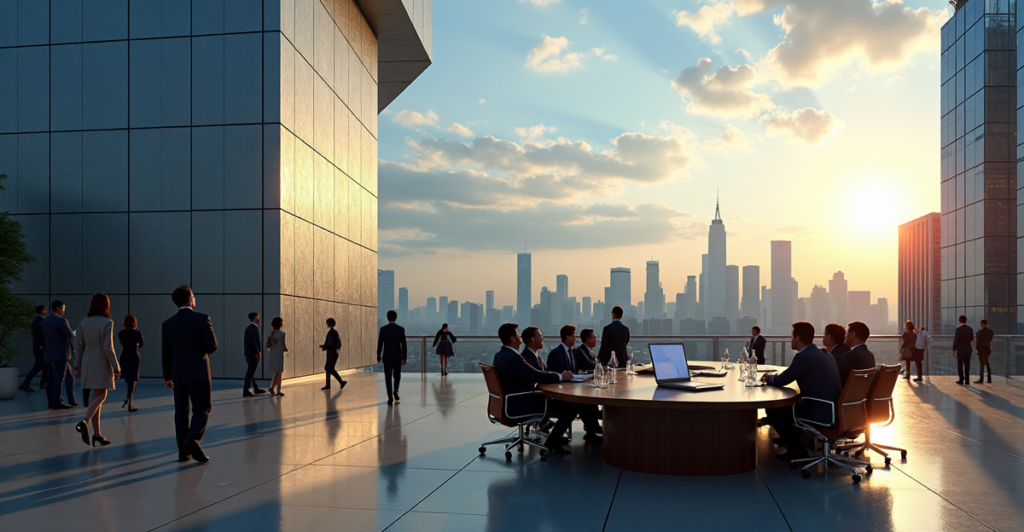 "Government officials seated around a conference table discussing cryptocurrency adoption in a modern office building amidst a bustling cityscape."