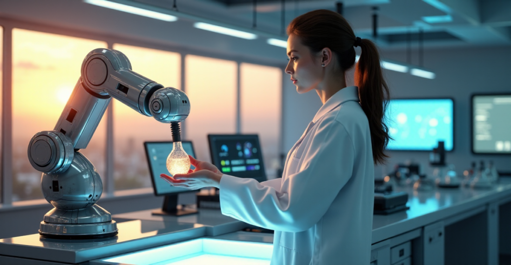 A scientist in a white lab coat stands beside a robotic arm holding a glowing liquid vial amidst futuristic equipment and warm golden hour light.