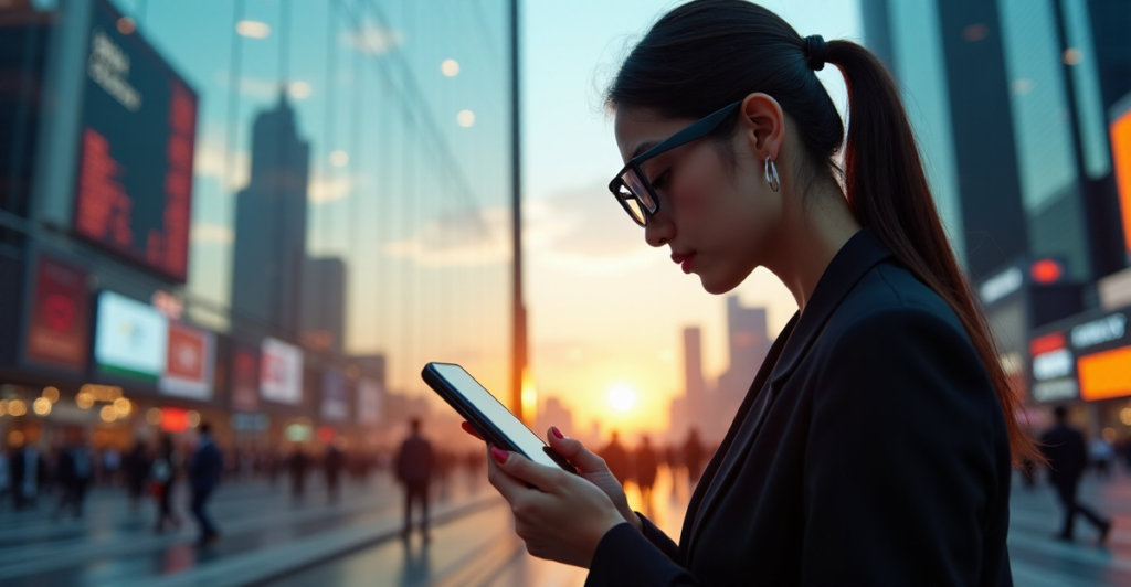 "A young Asian woman in a sleek black business suit stands confidently on a bustling city street, intently gazing at her smartphone displaying a cryptocurrency exchange platform, reflecting crypto adoption trends 2025."