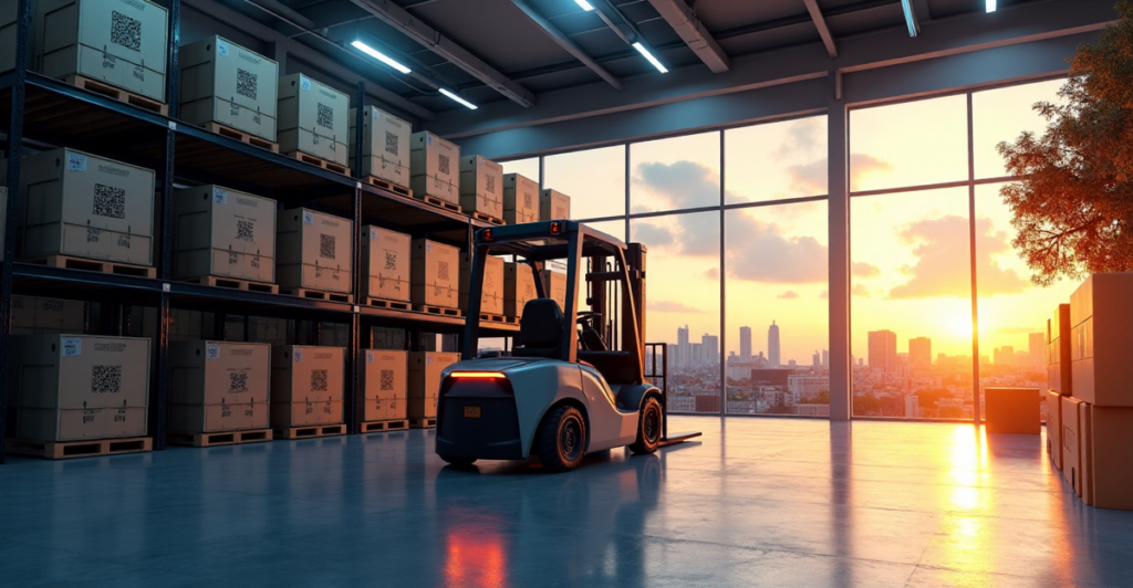 "A futuristic warehouse scene featuring an automated forklift navigating rows of high-tech shelving units, illuminated by a mix of natural and artificial light."