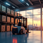 "How Blockchain is Revolutionizing Logistics with Real-World Applications" "A futuristic warehouse scene featuring an automated forklift navigating rows of high-tech shelving units, illuminated by a mix of natural and artificial light."